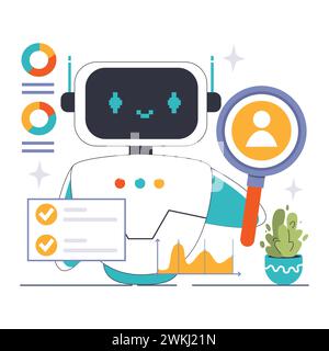Concept de personnalisation. Chatbot utilise l’analytique et la loupe pour personnaliser les expériences utilisateur, garantissant ainsi des interactions ciblées. Plonger profondément dans les profils et préférences des clients. Illustration vectorielle plate. Illustration de Vecteur