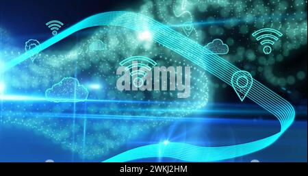 Image des icônes de nuage et wifi sur l'ondulation de maille verte Banque D'Images