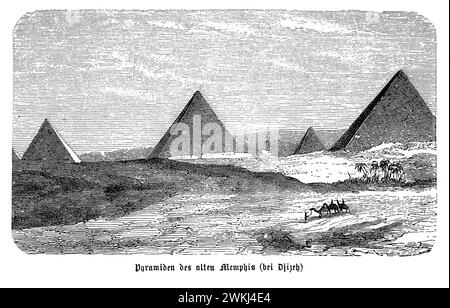 Les pyramides de Gizeh, vestiges de l'ancienne Memphis, sont des tombes monumentales pour les pharaons d'Égypte. Construites il y a plus de 4 500 ans sur le plateau de Gizeh, ces pyramides, dont la Grande Pyramide, l'une des sept merveilles du monde antique, symbolisent le génie architectural des Égyptiens et leur quête de l'immortalité. Le complexe comprend également le Sphinx, un mystérieux monument calcaire avec le corps d'un lion et la tête d'un pharaon, gardant le complexe pyramidal Banque D'Images