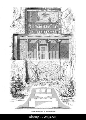 Le tombeau de Darius le Grand à Naqsh-e Rostam, près de l'ancienne capitale cérémonielle de Persépolis, est un magnifique témoignage de la puissance et de l'innovation architecturale de l'Empire achéménide. Sculpté dans une falaise à pic, ce tombeau monumental se distingue par sa façade en forme de croix et la représentation de Darius devant les figures divines, soulignant la piété et la puissance du roi. Autour de ce tombeau royal se trouvent d'autres reliefs monumentaux et tombes des rois achéménides, faisant de Naqsh-e Rostam un site crucial pour la compréhension de l'idéologie impériale persane ancienne et des pratiques funéraires. Banque D'Images