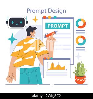 Les ingénieurs-prompts écrivent une commande à un réseau de neurones artificiels. Développement de l'intelligence artificielle. Caractère utilisant l'IA pour créer un texte ou une image. Illustration vectorielle plate Illustration de Vecteur