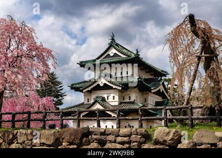 Château d'Hirosaki entouré par la belle Sakura (Cherry Blossom) pendant la saison de floraison printanière (Japon) Banque D'Images