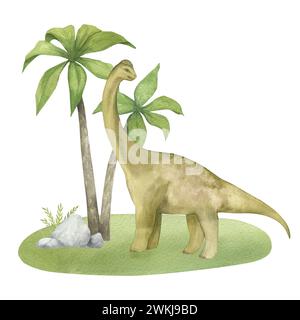 Illustration aquarelle d'un diplodocus de dinosaure sur herbe verte avec des palmiers, texture aquarelle, fait à la main, isolé. Pour la décoration des chambres d'enfants Banque D'Images