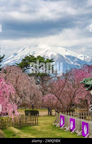 Volcan enneigé du mont Iwaki vu depuis le château historique de Hirosaki dans la préfecture d'Aomori, au Japon Banque D'Images