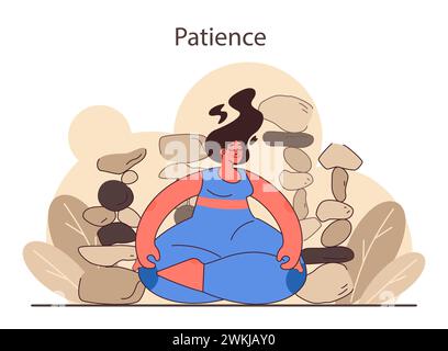 Patience. Personne calme méditant et trouvant l'équilibre. Force mentale ou émotionnelle, maîtrise psychologique de soi. Forte détermination à atteindre l'objectif. Illustration vectorielle plate Illustration de Vecteur
