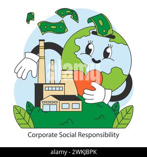 Concept de responsabilité sociale d'entreprise. Comprend un globe soucieux de l'environnement et de la croissance économique. Souligne l'éthique commerciale et la durabilité. Illustration vectorielle plate. Illustration de Vecteur