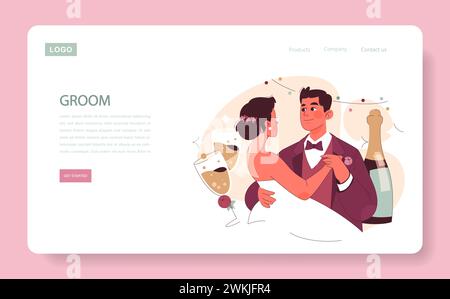 Concept Groom. Un marié dapper regarde dans les yeux de sa mariée au milieu de bulles de champagne, capturant la magie de leur toast de mariage. Moment intime. Célébration pétillante. Illustration vectorielle plate. Illustration de Vecteur