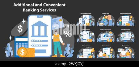 Services bancaires supplémentaires et pratiques mode nuit ou sombre. Transactions numériques transparentes et solutions de financement personnalisées. Services bancaires en ligne, gestion des prêts et outils de planification successorale. Illustration de Vecteur