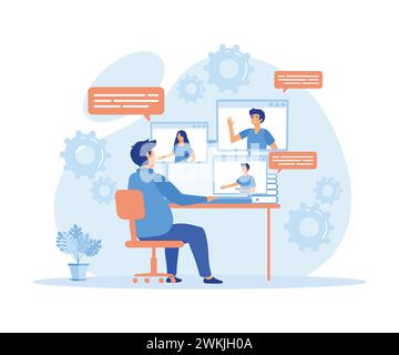 Personnes travaillant à distance à la maison et utilisant un ordinateur portable pour des réunions vidéo avec des collègues et des amis. illustration moderne vectorielle plate Illustration de Vecteur