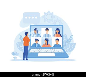 Les gens se connectent, apprennent ou se réunissent en ligne avec la téléconférence. illustration moderne vectorielle plate Illustration de Vecteur