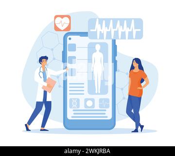 Médecin examinant le patient à l'aide de l'application médicale sur téléphone intelligent, consultation médicale en ligne et concept de technologie. illustration moderne vectorielle plate Illustration de Vecteur