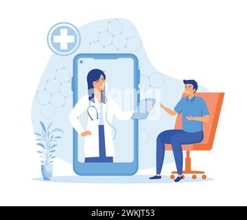 Homme utilisant l'application mobile, contrôler les indicateurs de santé, consulter médecin en ligne, Inscrivez-vous thérapeute de rendez-vous. illustration moderne vectorielle plate Illustration de Vecteur