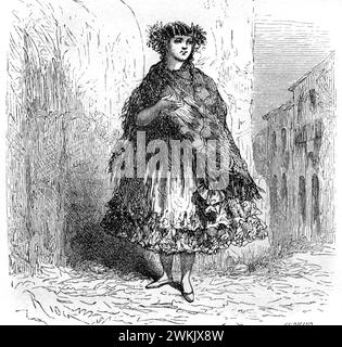 Femme péruvienne portant des vêtements ethniques traditionnels à Cusco ou Cuzco Pérou. Gravure vintage ou historique ou illustration 1863 Banque D'Images