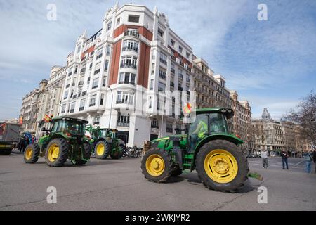 Les manifestants arrivent en tracteur devant la Puerta de Alcalá lors d'une manifestation d'agriculteurs pour dénoncer la politique agricole européenne à Madrid, sur Fe Banque D'Images