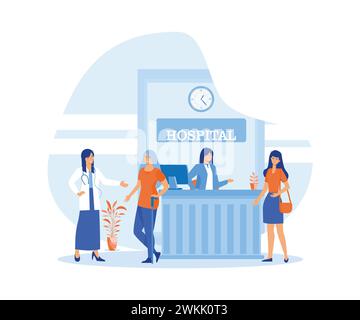 Accueil hospitalier bon travail dans la salle de la clinique pour aider, assister les patients. illustration moderne vectorielle plate Illustration de Vecteur