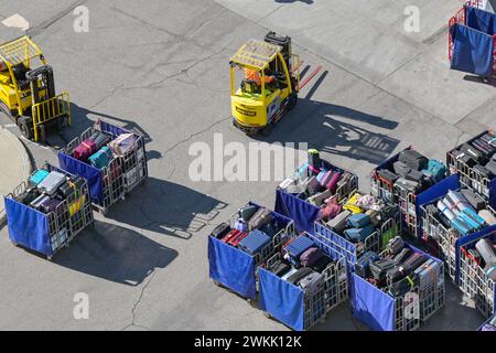 Los Angeles, Californie, États-Unis - 12 janvier 2024 : chariots élévateurs à fourche et chariots à bagages pleins de valises à charger sur un bateau de croisière Banque D'Images