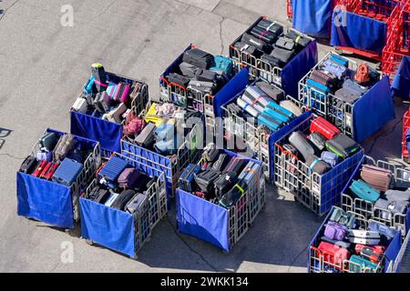 Los Angeles, Californie, États-Unis - 12 janvier 2024 : chariots à bagages remplis de valises à charger sur un bateau de croisière Banque D'Images