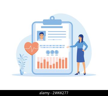 Tablette avec photo du patient, cardiogramme et indicateurs de santé pour la surveillance. Concept de dossier médical, histoire ou profil, information pour le diagnostic Illustration de Vecteur