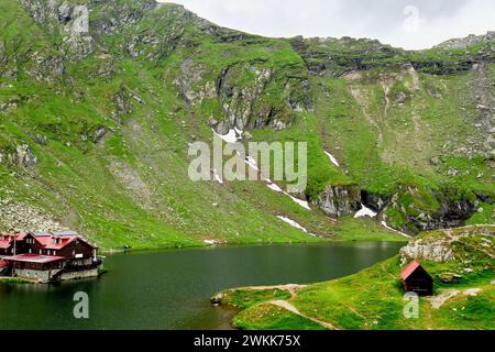 Transfagarasan à travers les montagnes Fagaras avec une végétation verte et le lac Balea Banque D'Images