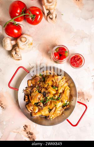 Pommes de terre tranchées, champignons frais et oignons en dés grésillant dans une poêle sur fond blanc propre, prêts à être cuits. Banque D'Images