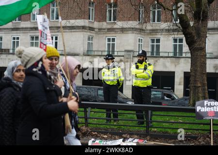 La police observe des centaines de milliers de personnes qui se préparent à marcher pour exiger un cessez-le-feu et la fin du siège israélien de Gaza le 17 février 2024 Banque D'Images