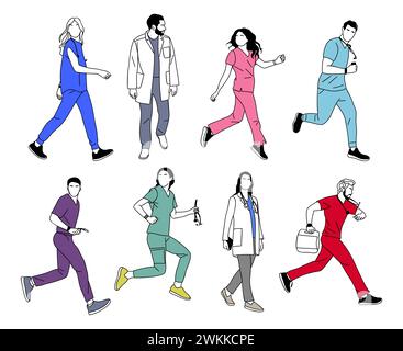 Ensemble de médecins, infirmières, paramédicaux en cours d'exécution vecteur. Illustration de Vecteur