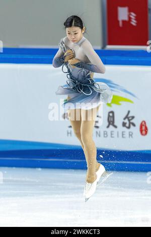 Hulun Buir, région autonome chinoise de Mongolie intérieure. 21 février 2024. An Xiangyi de Pékin se produit lors du programme court de patinage artistique féminin aux 14e Jeux nationaux d'hiver à Hulun Buir, dans la région autonome de Mongolie intérieure du nord de la Chine, le 21 février 2024. Crédit : Huang Wei/Xinhua/Alamy Live News Banque D'Images