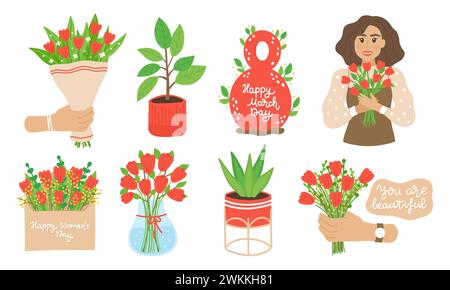 Ensemble printemps d'éléments pour le 8 mars : bouquet, fille, fleurs, enveloppe, lettrage. Éléments de dessin animé à plat dessinés à la main. Illustration vectorielle Illustration de Vecteur
