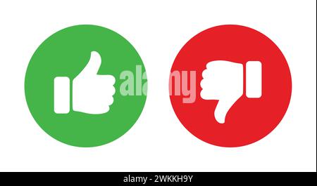 Symbole Like et Dislike défini dans un cercle vert et rouge. Icône plate pouces vers le haut et vers le bas définie en couleur blanche. Évaluation et commentaires Thumbs up et Thumbs down. Illustration de Vecteur