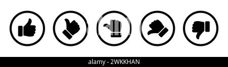 Échelle de notation et de commentaires avec symbole de pouce, cercle noir. Excellent, bon, moyen, médiocre, mauvais jeu d'icônes de pouce de notation. Illustration de Vecteur