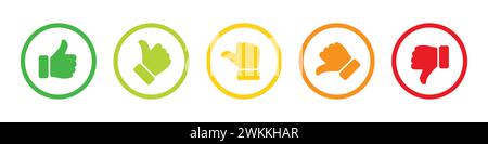 Échelle de notation et de commentaires avec symbole de pouce dans un contour vert, jaune et rouge. Excellent, bon, moyen, médiocre, mauvais jeu d'icônes de pouce de notation. Illustration de Vecteur