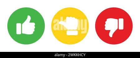 Like, déteste et symboles de pouce neutres en vert, jaune et rouge. Les icônes de commentaires et d'évaluation sont définies avec le pouce vers le haut et le pouce vers le bas. Pouces vers le haut, vers le bas. Illustration de Vecteur