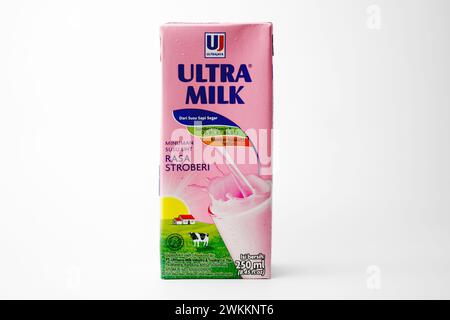 Gros plan un paquet de saveur Ultra Milk Strawberry isolé sur fond blanc. Vue de face. Banque D'Images