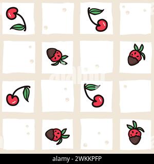 Motif sans couture cerise et fraise. Baies d'été, fruits avec des feuilles, fond vectoriel. Illustration de doodle dessinée à la main pour couverture, tissu, Illustration de Vecteur