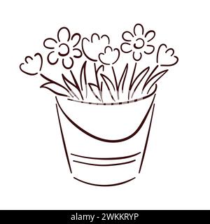 Seau avec guirlande de printemps et fleurs de tulipe dans un style artistique au trait. Illustration vectorielle isolée sur un fond blanc. Illustration de Vecteur