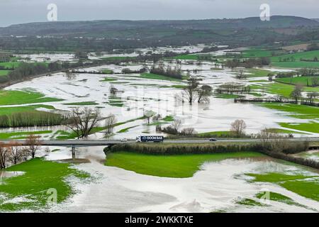 Axminster, Devon, Royaume-Uni. 21 février 2024. Météo britannique. Champs inondés à Axminster dans le Devon après que la hache de la rivière a éclaté ses berges après de fortes pluies pendant la matinée. Crédit photo : Graham Hunt/Alamy Live News Banque D'Images