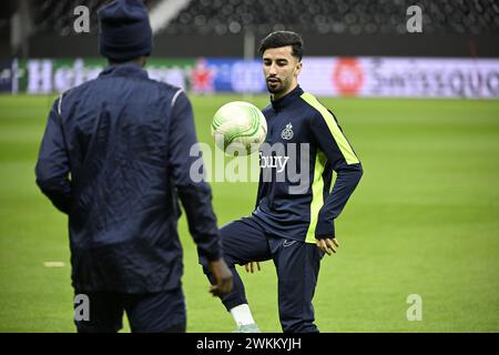 Francfort-sur-le-main, Allemagne. 21 février 2024. Mohamed Amoura, de l'Union, photographié lors d'une séance d'entraînement du club belge de football Royale Union Saint Gilloise à Francfort-sur-le-main, en Allemagne, le mercredi 21 février 2024. L'équipe se prépare pour le match de demain contre l'équipe allemande de football Eintracht Frankfurt, l'étape retour de la phase de play offs de la compétition de l'UEFA Conference League. BELGA PHOTO LAURIE DIEFFEMBACQ crédit : Belga News Agency/Alamy Live News Banque D'Images