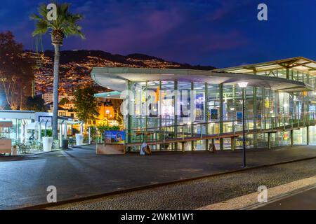 Vue nocturne de la station de télécabine inférieure illuminée avec les lumières de Monte visibles au loin, Funchal, Portugal, île de Madère. Banque D'Images