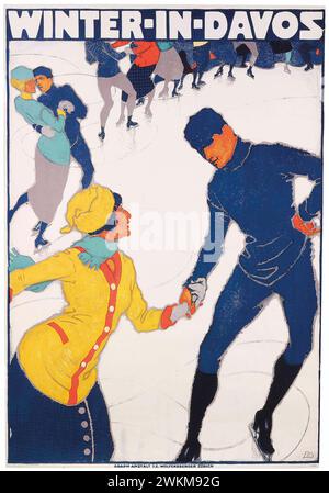 Affiche de voyage vintage 'Winter in Davos' par Burkhard Mangold , 1914, mettant en vedette des couples patinant sur la glace Banque D'Images