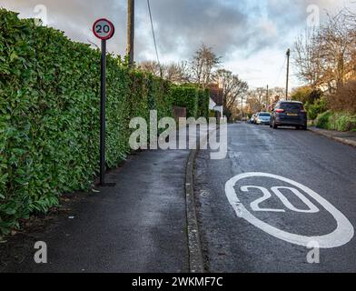 Rue résidentielle avec des panneaux de limite de vitesse de 20 mph sur une journée nuageuse avec des voitures garées et une haie Banque D'Images