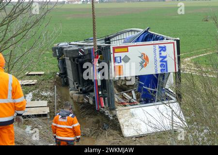 A14/Grimma - Zwei Spezialkräne bergen Gefahrgut-Lastwagen BEI Mutzschen 21.02.2024 gegen 13 Uhr A14 Richtung Dresden, zwischen Mutzschen und Leisnig Die Bergung des Gefahrgut-Lastwagens neben der A14 BEI Mutzschen Hat sich länger hingezogen, als zunächst gedacht. Durch die schwierige Lage des LKW musste das Bergungsunternehmen den Lastwagen zunächst jegliche Ladung, darunter mehrere leere Chemikalienbehälter bergen und den LKW anschließend aufrichten. Anschließend gelang es den Spezialisten das Sattelzuggespann vorsichtig im Gesamten anzuheben und auf die Straße zu heben. Anschließend wurde de Banque D'Images