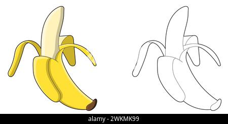 Cute Banana coloriage page pour enfants, version soulignée et Clip Art montrant en couleur dans l'exemple Illustration de Vecteur