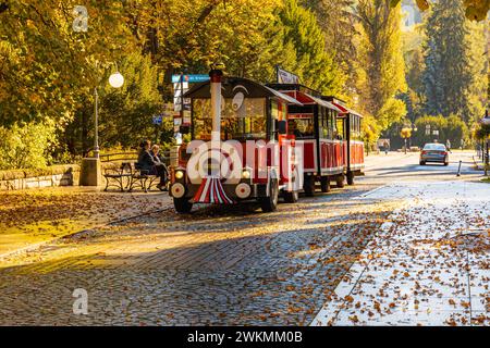 Polanica-Zdroj, Pologne - 21 octobre 2023 : belle et colorée petite voie ferrée touristique Ciuchcia dans les rues de la ville au centre-ville au jour d'automne ensoleillé Banque D'Images