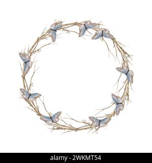 Couronne d'aquarelle de branches de printemps avec des papillons. L'illustration est dessinée à la main sur un fond isolé. Dessin pour cartes de vœux, invitatio Banque D'Images