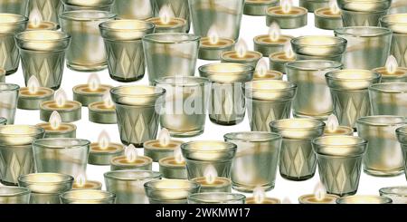 Modèle sans couture de bougies de cire. Illustration aquarelle d'une bougie en verre brûlant bonne pour les cartes, les sites, les compositions spa, yoga, livrets pour les salons Banque D'Images