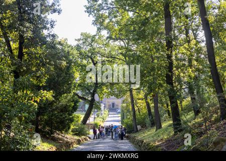 La vue sur la basilique Saint-Pierre met en valeur une promenade dans les jardins papaux du Vatican. Banque D'Images