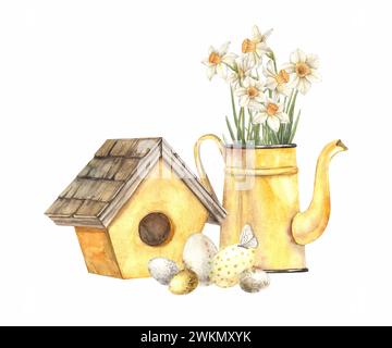 Ensemble aquarelle avec arrosoir jaune et jonquilles, nichoir, œufs. Illustrations dessinées à la main sur fond isolé pour cartes de voeux, invitation Banque D'Images