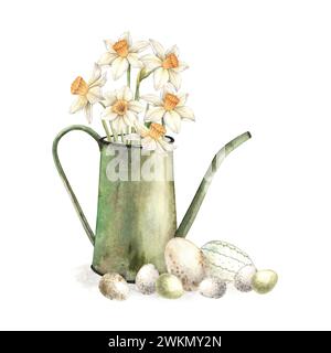 Composition d'aquarelle de Pâques avec arrosoir vert, œufs et jonquilles. Dessin sur fond isolé pour cartes de voeux, invitations, holid heureux Banque D'Images