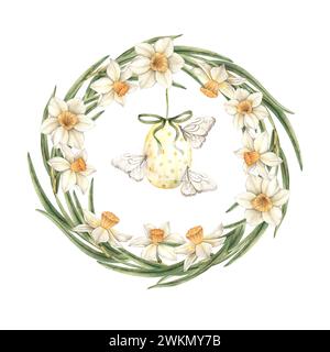 Aquarelle cadre rond de Pâques de jonquilles et oeuf avec des papillons. L'illustration est dessinée à la main sur un fond isolé. Dessin pour le message d'accueil env Banque D'Images