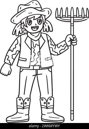Cowgirl et WheelBarrow of Hay Isolated Coloring Illustration de Vecteur
